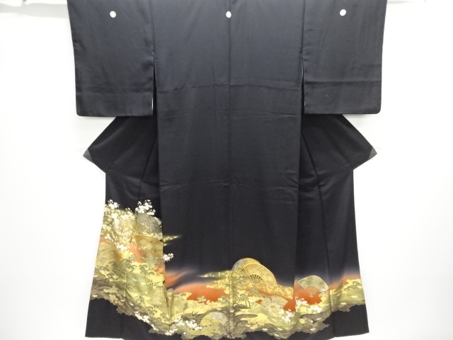 JAPANESE KIMONO / TOMESODE / EMBROIDERY / FAN WITH FLOWER